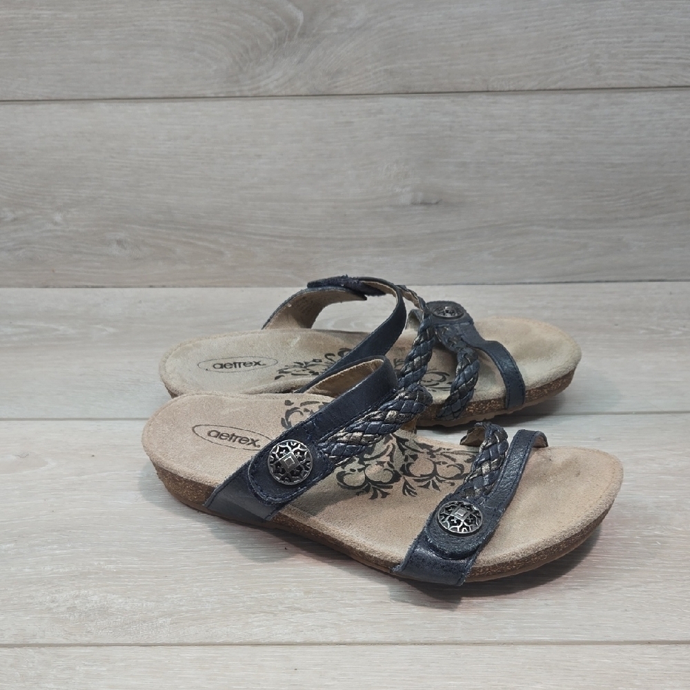 Aetrex Women's Leather Strap Braided Hook&loop Sandals Wedge Shoes Sz 5.5